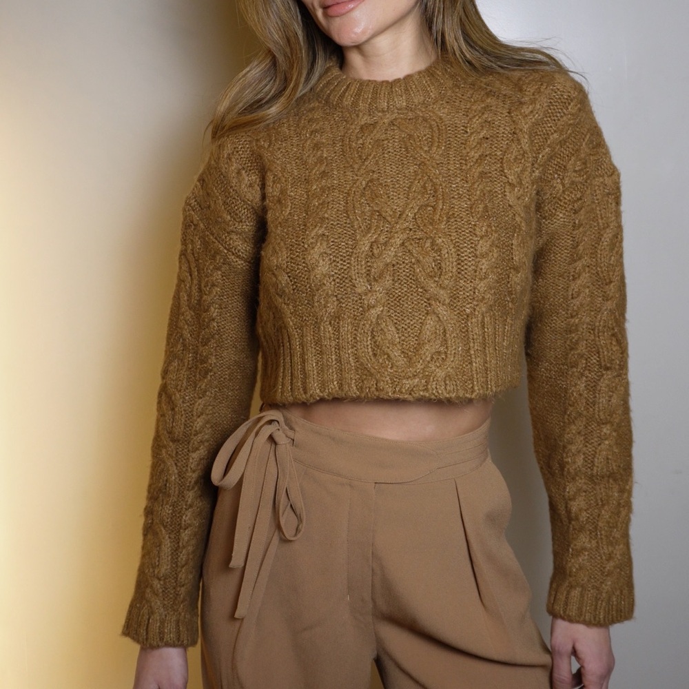 Zara Cable Knit Cropped Sweater - Brown - Picture 2 of 4
